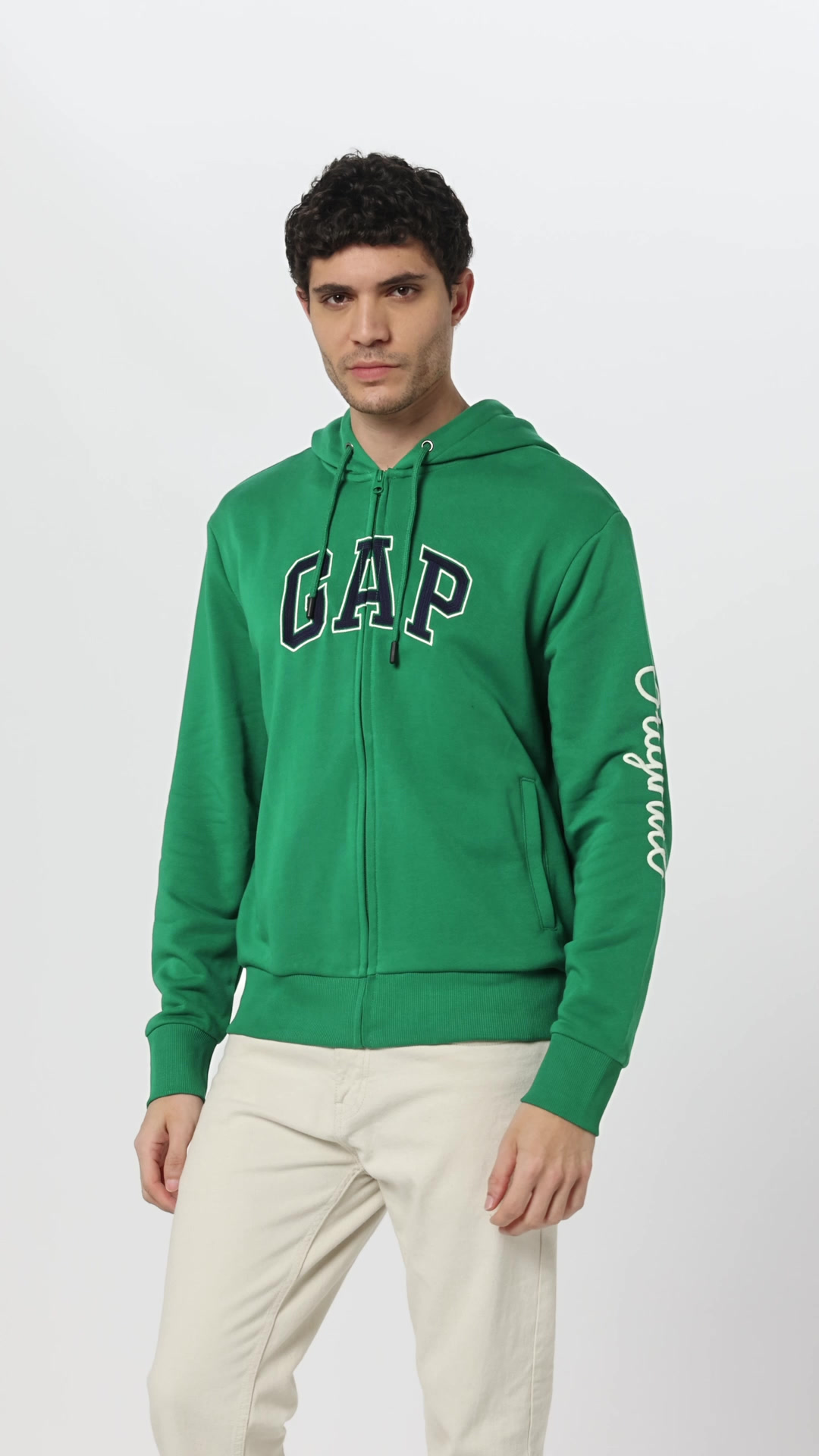 Buy Men Logo Embroidered Regular Fit Zip-Front Hoodie, Green, XL